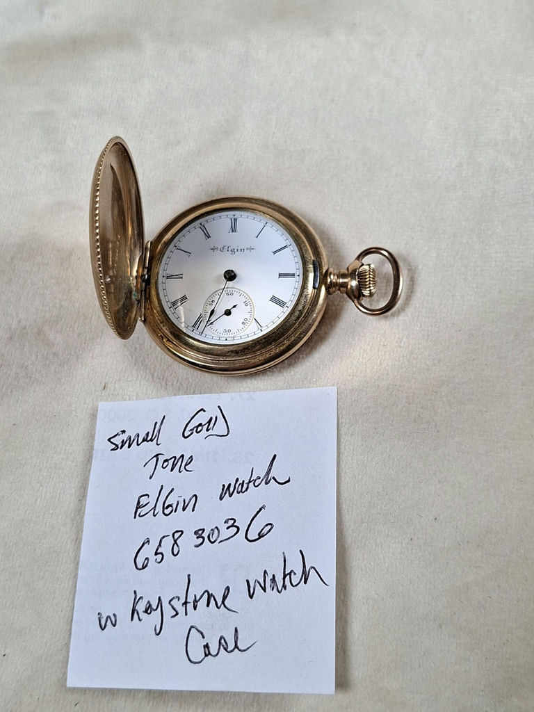 Small Antique Late 1890s  Elgin Gold Tone Pocket Watch in Keystone Watch Case, Serial Number 6583036 - image 1 of 8