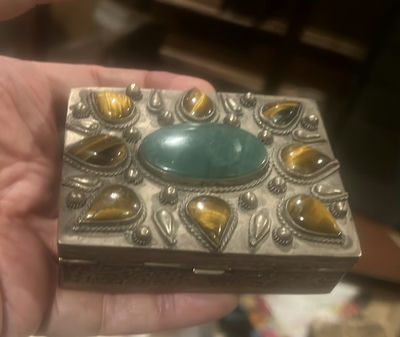Jewell Silver Colored Box With Agates And Malachite - Image 1 of 8