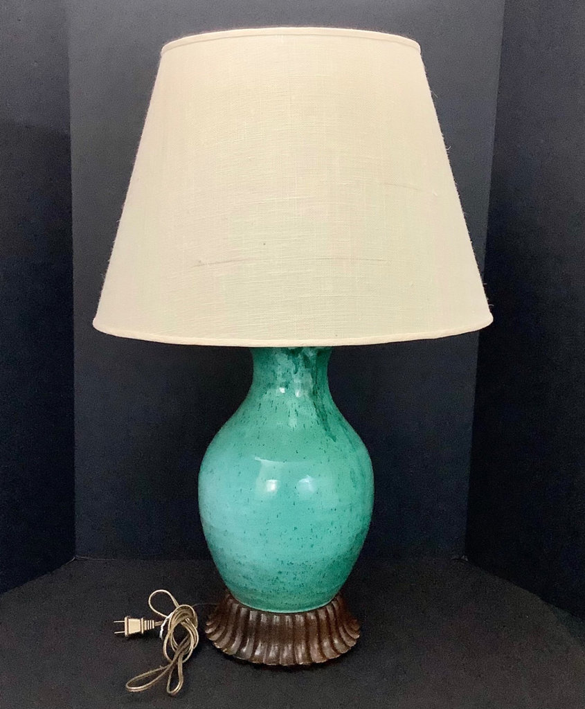 Ceramic Teal Lamp w/ Wood Base - image 1 of 6