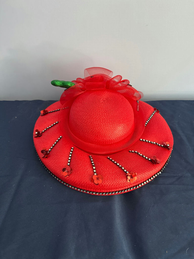 Red decorative wide-brim straw hat - image 1 of 3