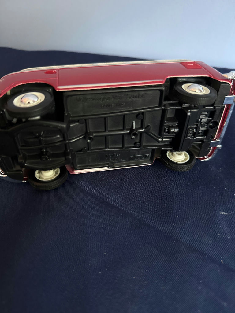 Red and white vintage die-cast toy cars: a convertible and a VW-style bus - image 5 of 5