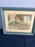 Framed watercolor coastal village scene - thumbnail 1 of 3