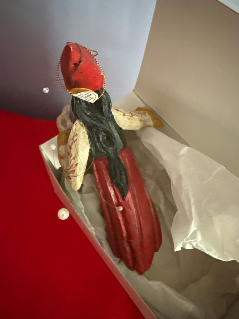 Hand-painted wooden folk-art figurine of a woman in a red dress with wings - image 2 of 4