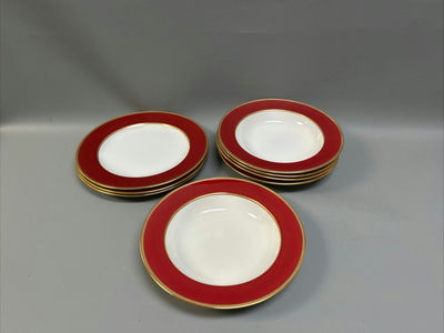 Minton Red Gold Trim Soup & Dinner Plates 8 Pieces - Image 1 of 6