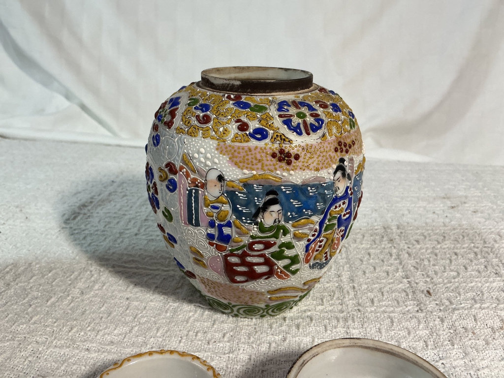 Decorative ceramic jar with lid, embossed metal urn - image 3 of 6