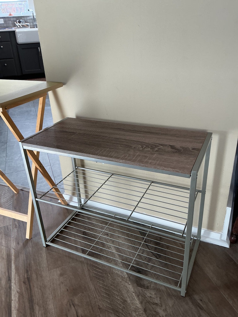 Folding wood-top table and metal wire shelving unit - image 2 of 4