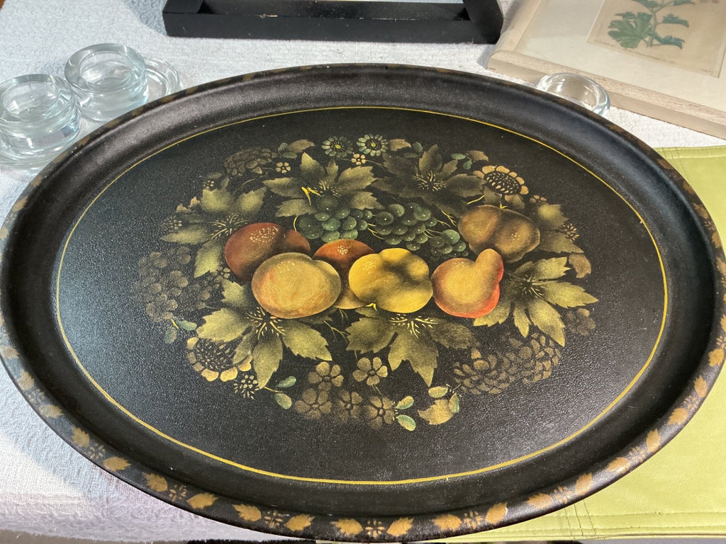 X-frame black table, framed botanical print, and fruit-themed decorative tray - image 3 of 7