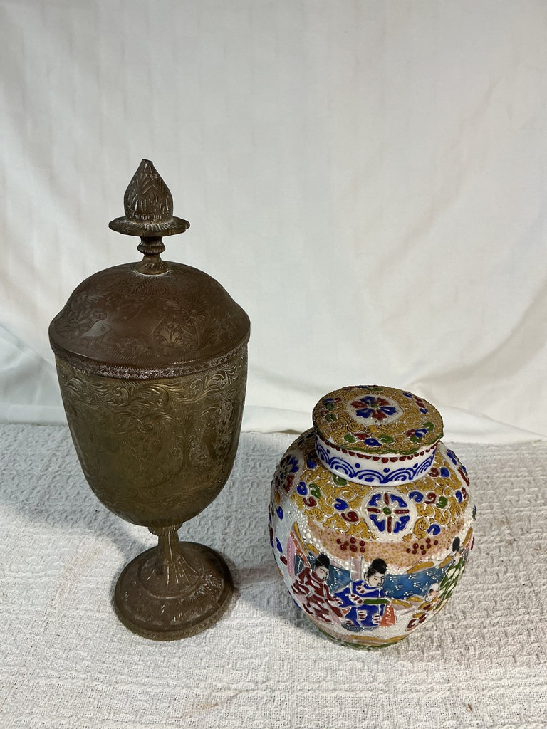 Decorative ceramic jar with lid, embossed metal urn - image 1 of 6