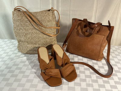 Tan knot-front Everlane sandals, straw woven bag, and Madewell leather tote - Image 1 of 8
