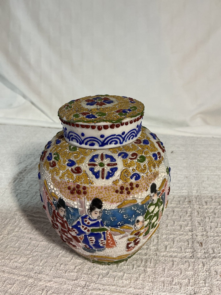 Decorative ceramic jar with lid, embossed metal urn - image 4 of 6
