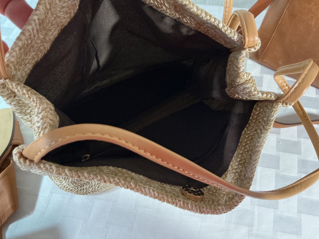 Tan knot-front Everlane sandals, straw woven bag, and Madewell leather tote - image 7 of 8