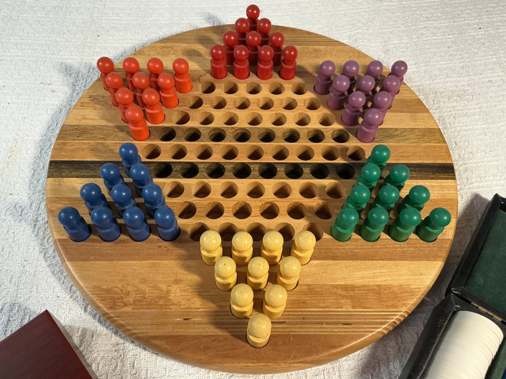Wooden Chinese checkers game, playing cards, dice, and poker chips - image 3 of 4