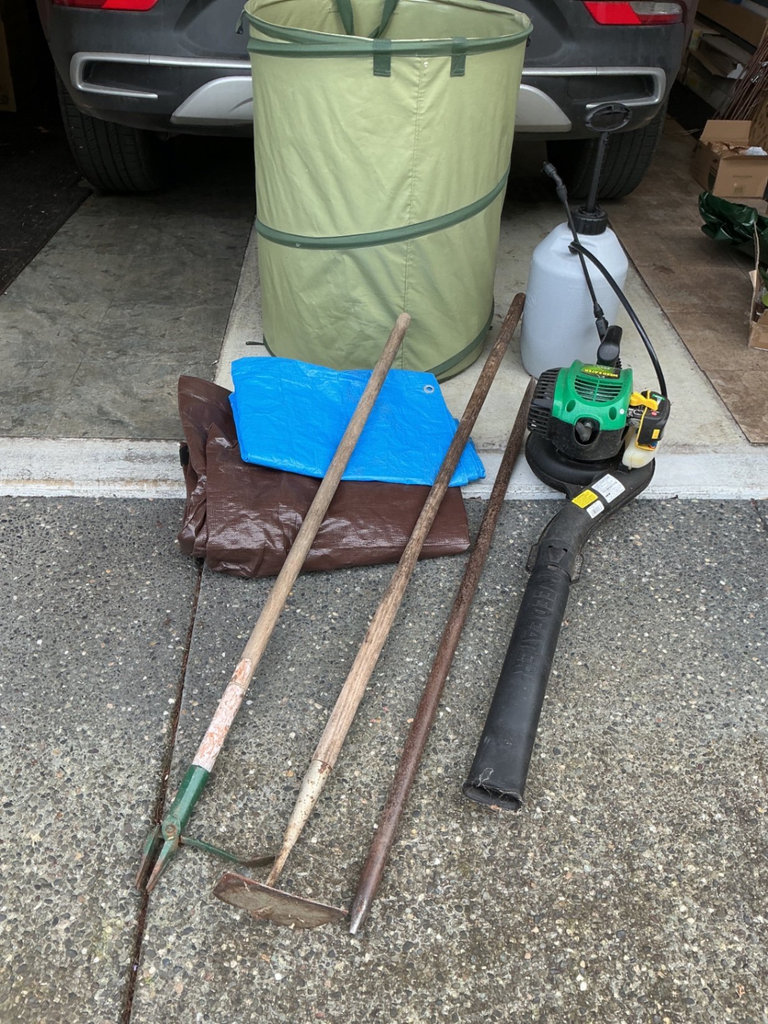 Gas-powered leaf blower, garden tools and tarps - image 2 of 3