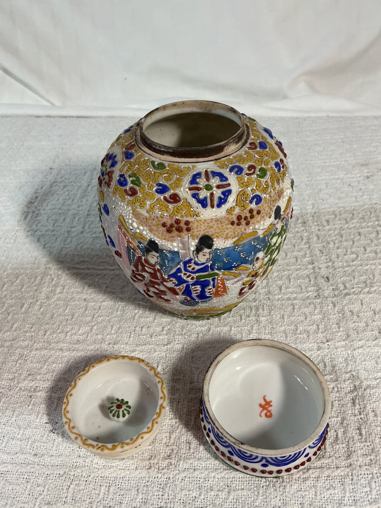 Decorative ceramic jar with lid, embossed metal urn - image 2 of 6