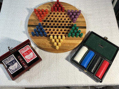 Wooden Chinese checkers game, playing cards, dice, and poker chips - Image 1 of 4