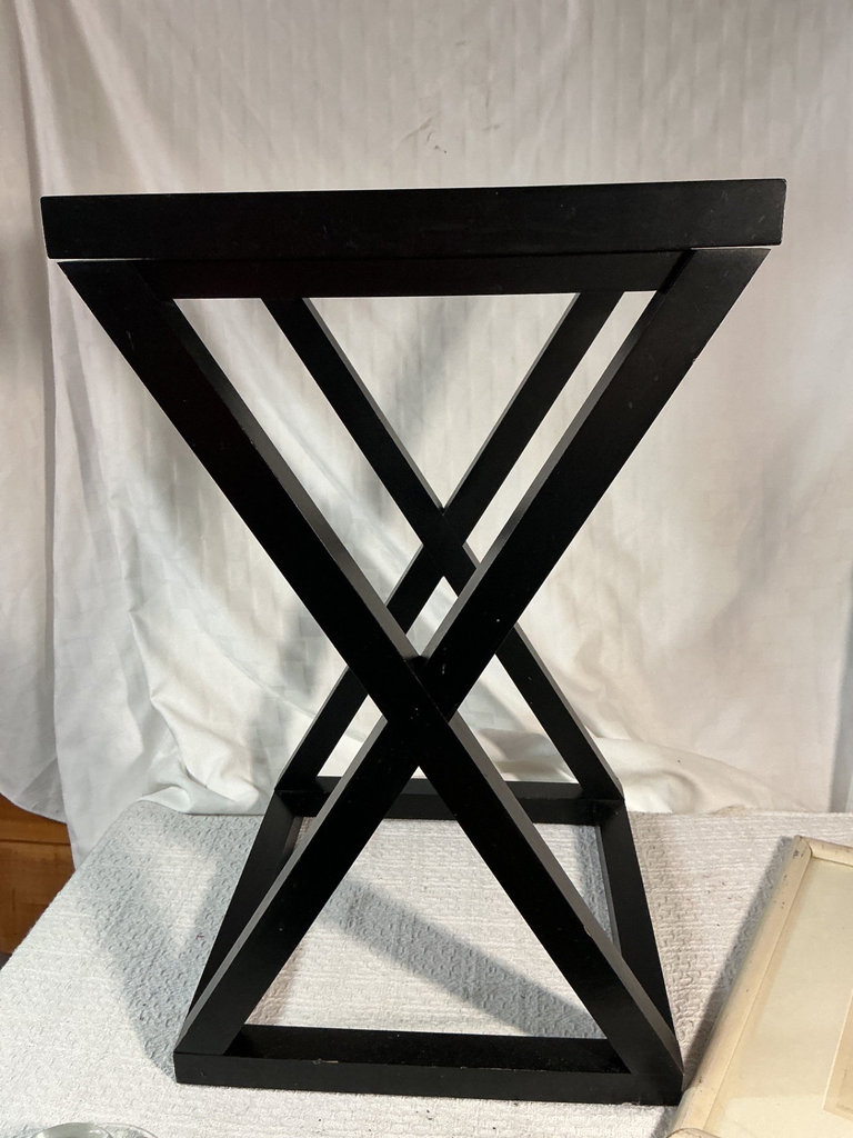 X-frame black table, framed botanical print, and fruit-themed decorative tray - image 2 of 7