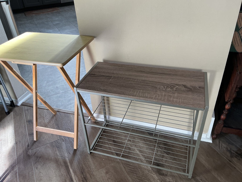 Folding wood-top table and metal wire shelving unit - image 1 of 4