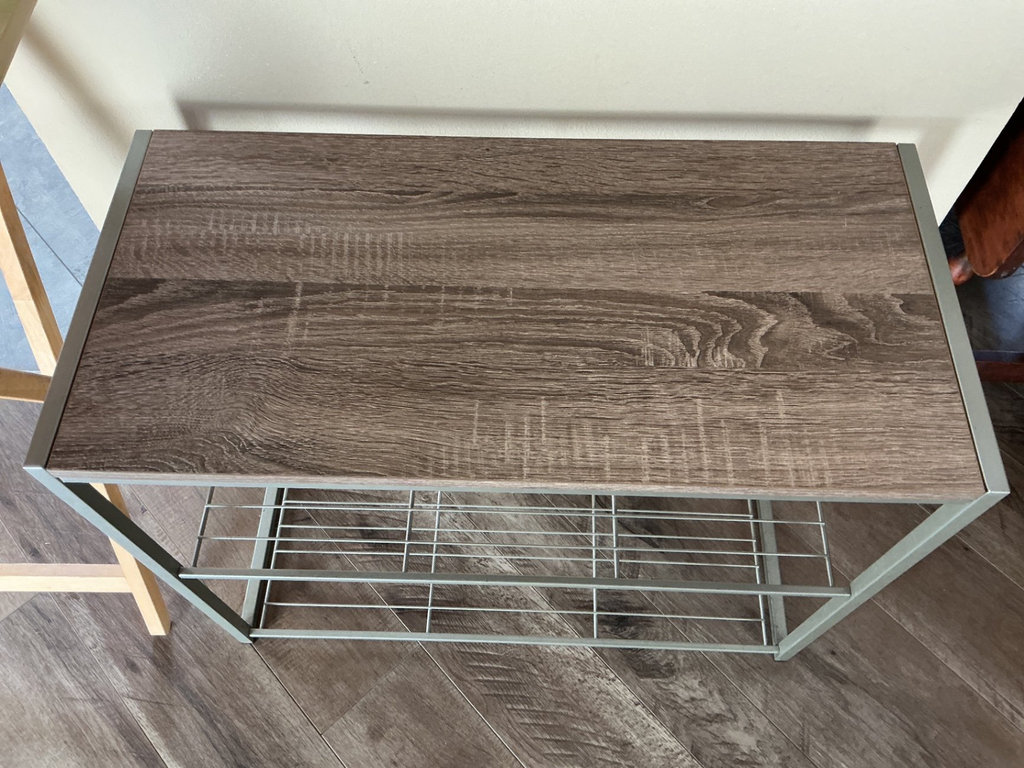 Folding wood-top table and metal wire shelving unit - image 3 of 4