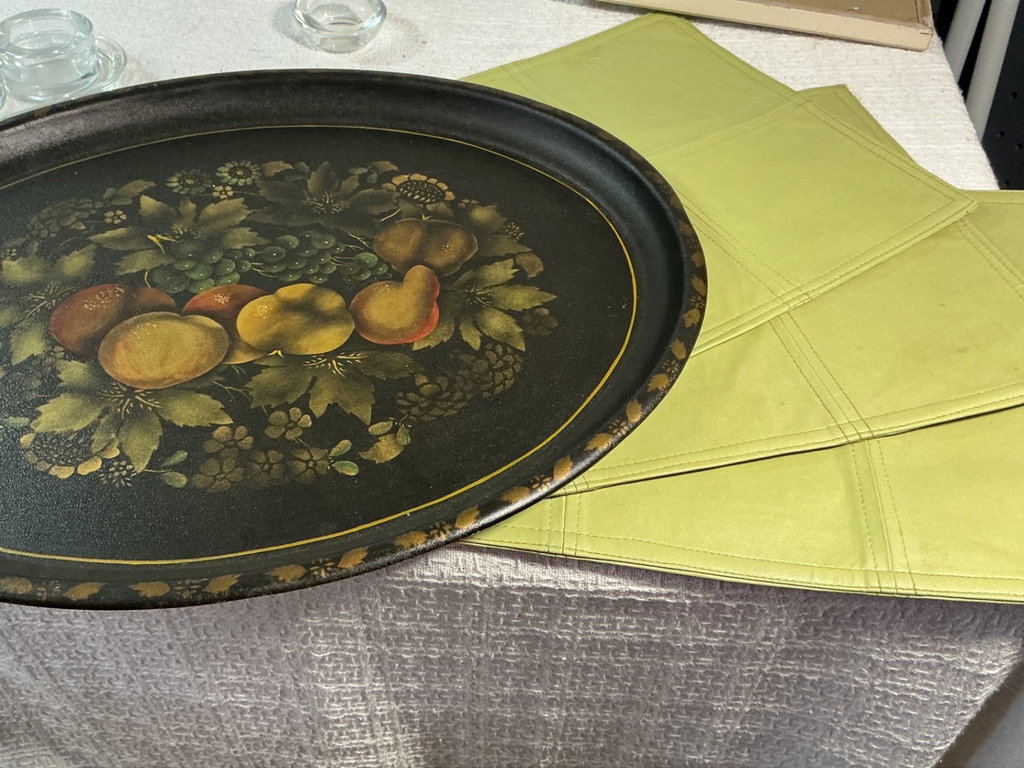 X-frame black table, framed botanical print, and fruit-themed decorative tray - image 7 of 7