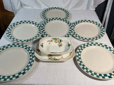 Hartstone ceramic dinnerware with green checkerboard rims and floral bowls - Image 1 of 6