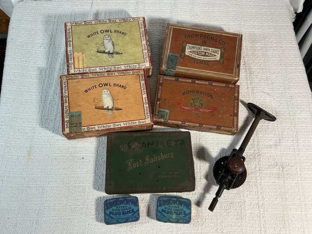Vintage tobacco boxes and vintage tool - image 1 of 6