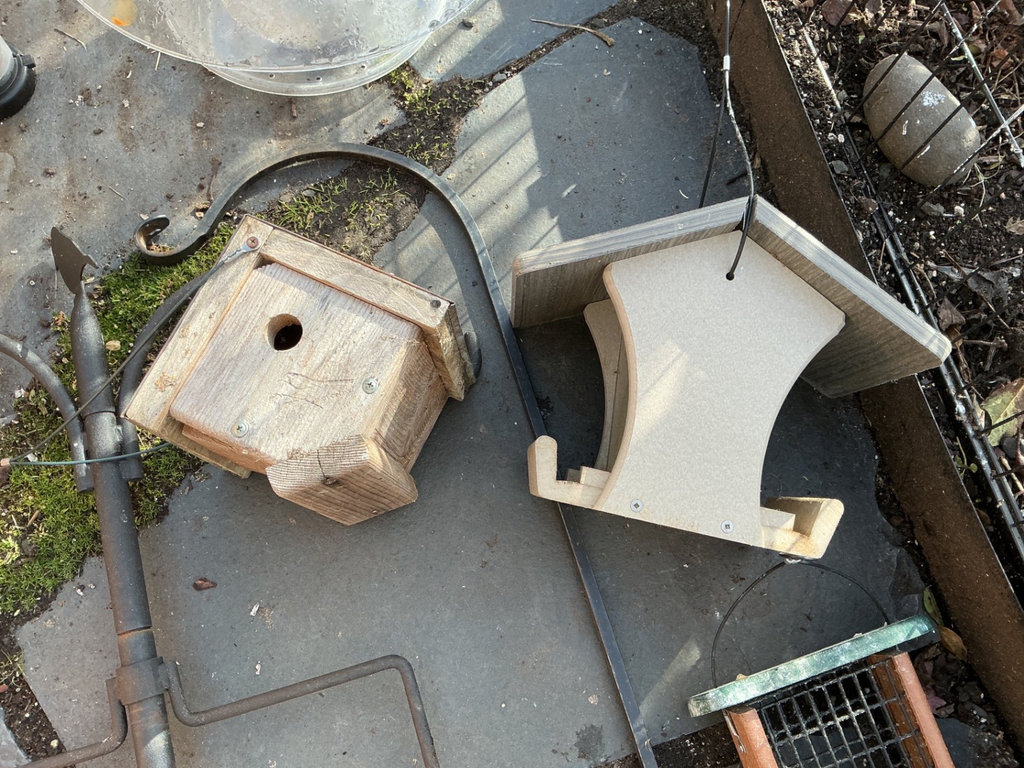Birdhouses, feeders, glass shade, and garden decor - image 3 of 4