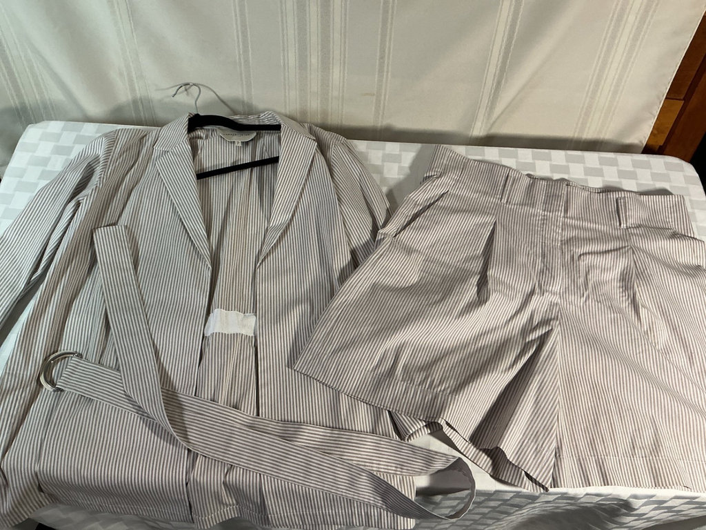 Striped Lafayette 148 New York blazer and trousers shorts suit with belt - image 1 of 5