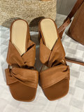 Tan knot-front Everlane sandals, straw woven bag, and Madewell leather tote - thumbnail 2 of 8