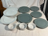 Teal and white ceramic dinnerware set with white ramekins - thumbnail 1 of 7