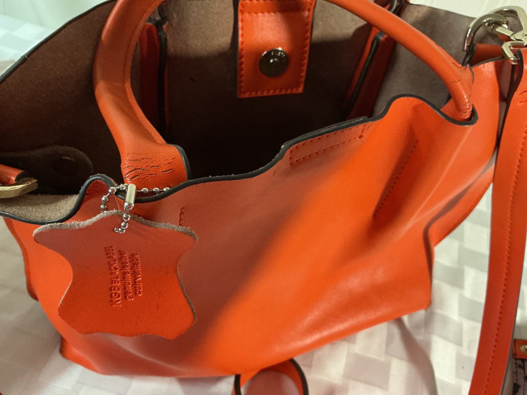 Orange tote bag, black round crossbody bag, and leopard-print zipper pouch - image 6 of 6