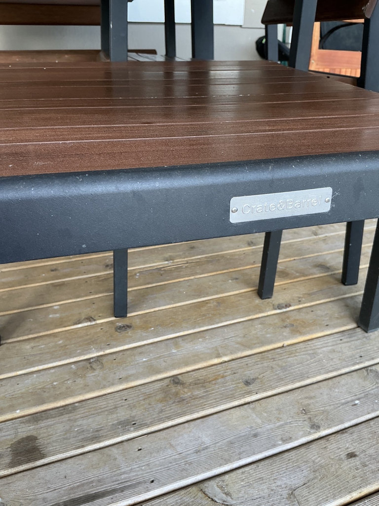 Crate & Barrel Outdoor dining table with four wooden slat chairs - image 7 of 8
