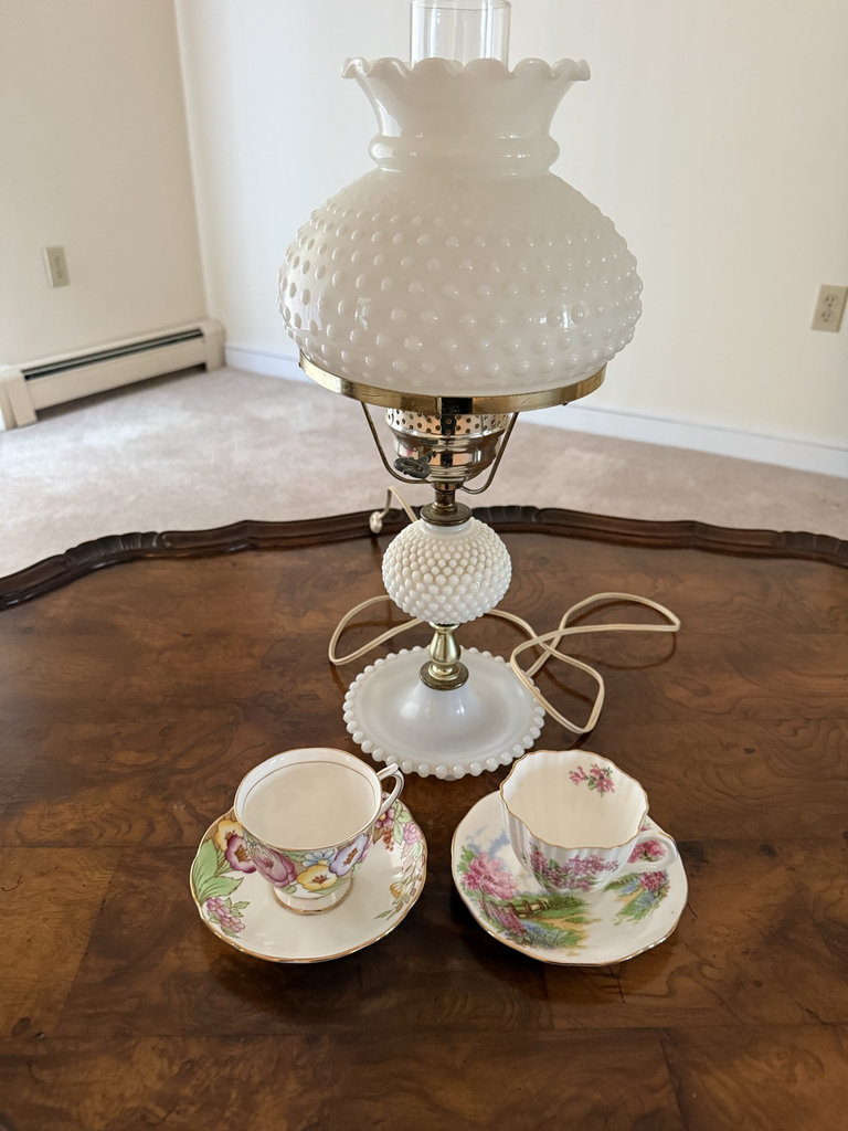 Hobnail milk-glass lamp with floral bone china tea set and dishes - image 1 of 4
