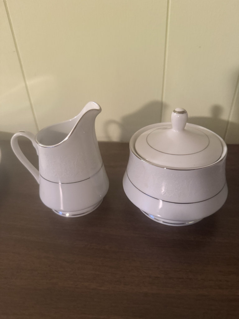 White Diamond China dinnerware set with charger plate, teacup and saucer, creamer, and sugar bowl - image 4 of 6