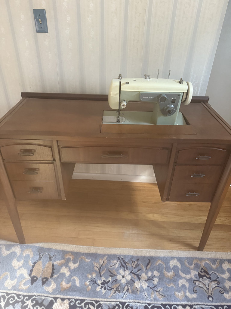 Sears Kenmore sewing machine integrated in wooden desk cabinet - image 1 of 8