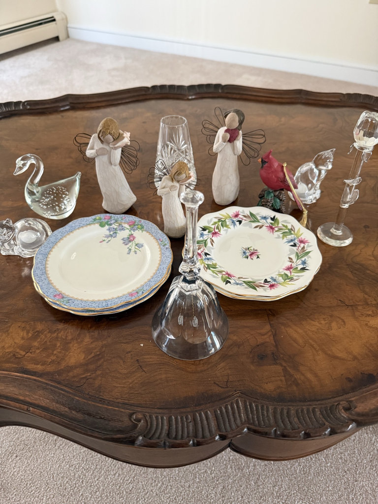 Bone china plates with crystal glassware and decorative figurines - image 1 of 6