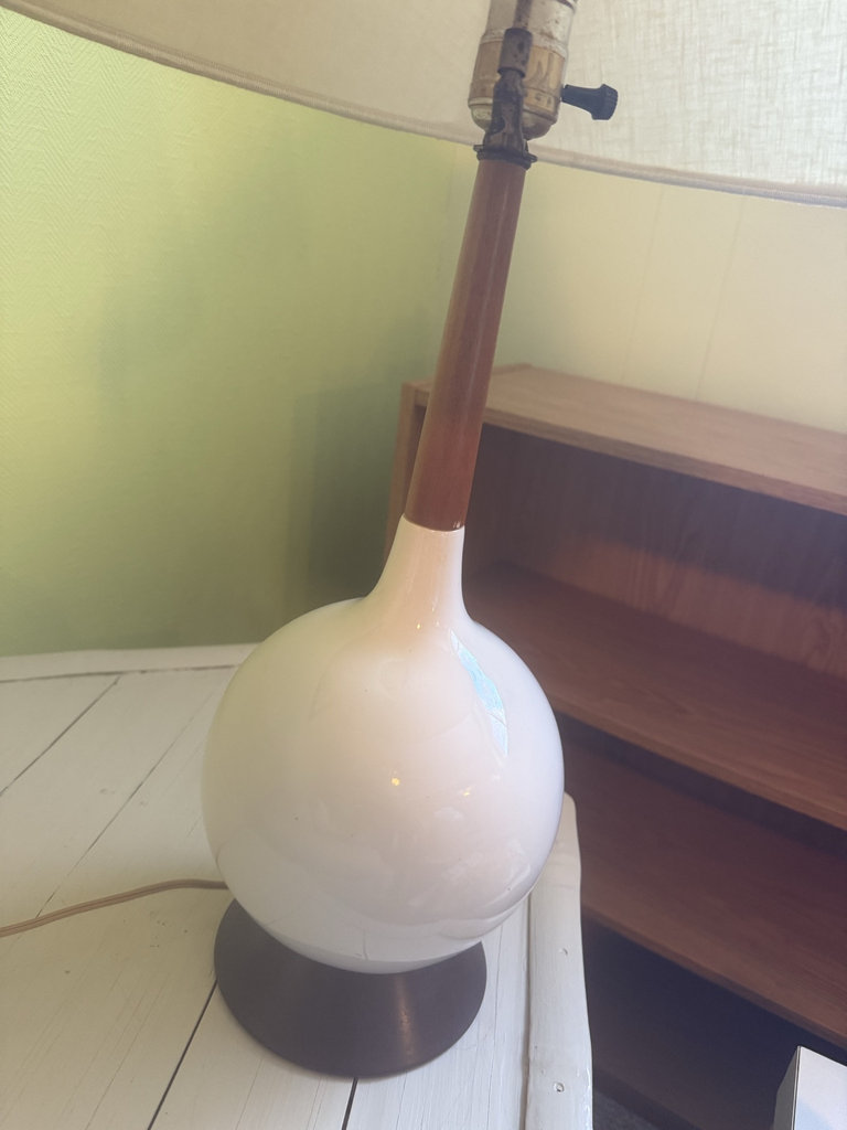 Mid century Danish Table lamp with white ceramic globe base and fabric shade - image 2 of 6