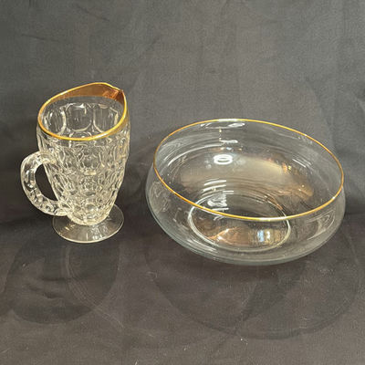 Vintage Glass Pitcher and Bowl Clear Gold Trimmed - Image 1 of 7