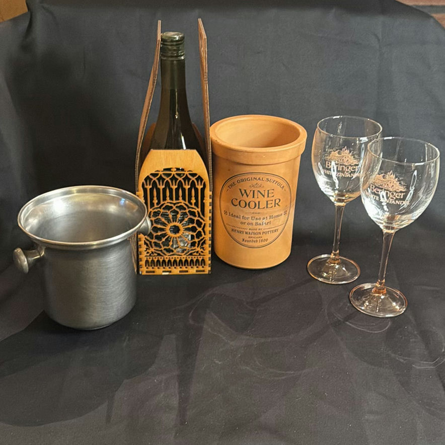 Wine For Two: Lot Consisting of Wine Glasses, Wine Cooler, Bucket, Wooden Bottle Holder - image 1 of 9