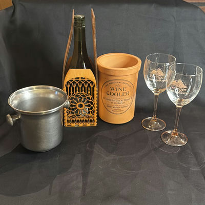 Wine For Two: Lot Consisting of Wine Glasses, Wine Cooler, Bucket, Wooden Bottle Holder - Image 1 of 9