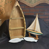 Nautical Decor Lot: Boat Shelf, Sailboat Model, and Williams Sonoma Fish Shaped Dishes - thumbnail 1 of 10