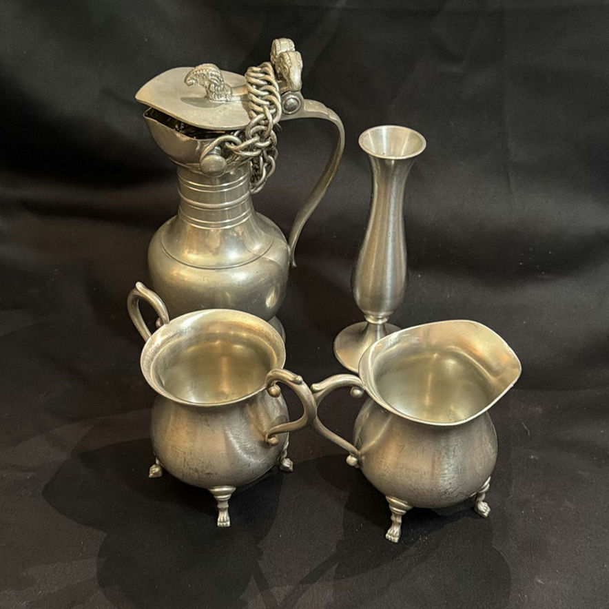 Vintage Pewter Lot including Vase, Cream & Suger Set, Pitcher - image 1 of 13