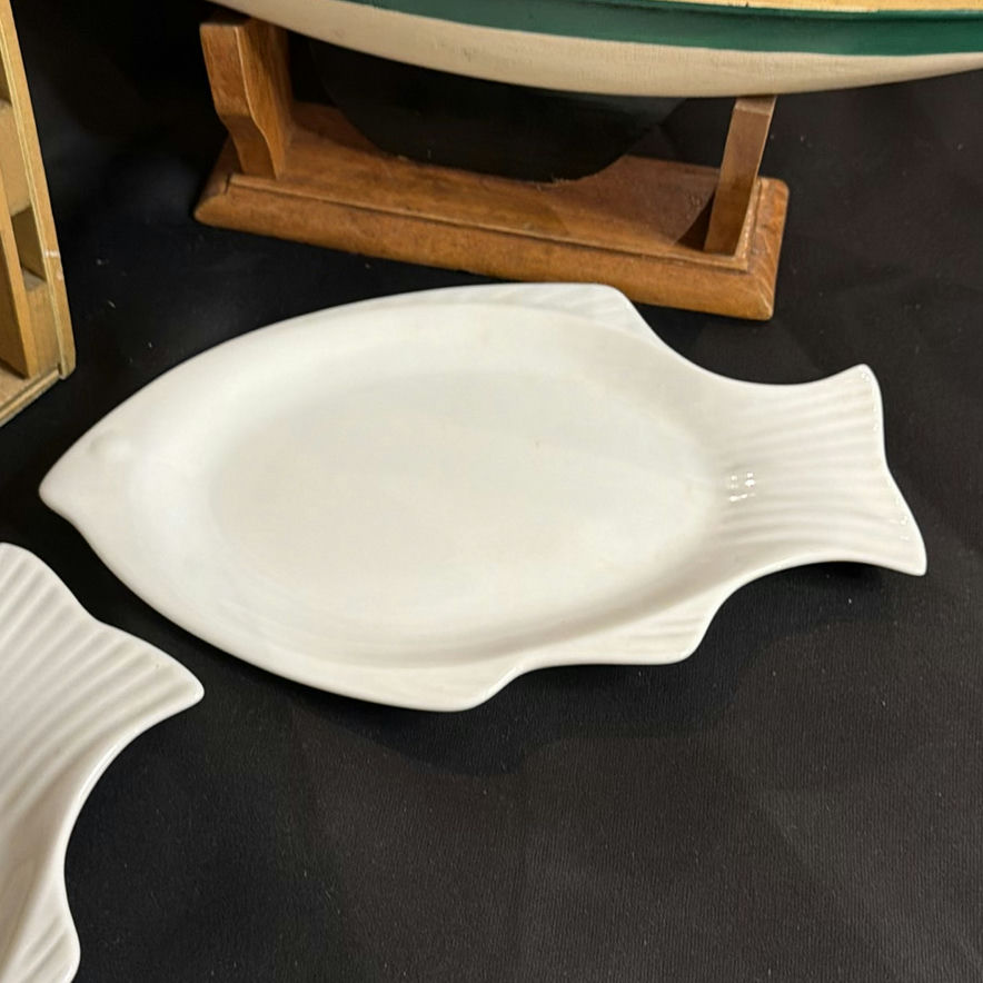Nautical Decor Lot: Boat Shelf, Sailboat Model, and Williams Sonoma Fish Shaped Dishes - image 3 of 10