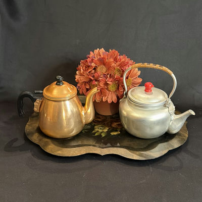 Vintage MCM Teapots, Toleware Style Tray, Flowers - Image 1 of 10