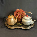 Vintage MCM Teapots, Toleware Style Tray, Flowers - thumbnail 1 of 10