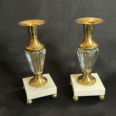 Vintage Candlestick Holders Made of Brass, Glass and Marble Possibly Hollywood Regency MCM - Image 1 of 6
