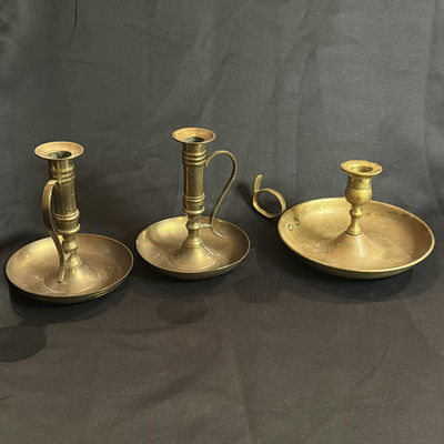 Vintage Brass Candlestick Holders (Set of Three) Chamberstick Style - Image 1 of 10