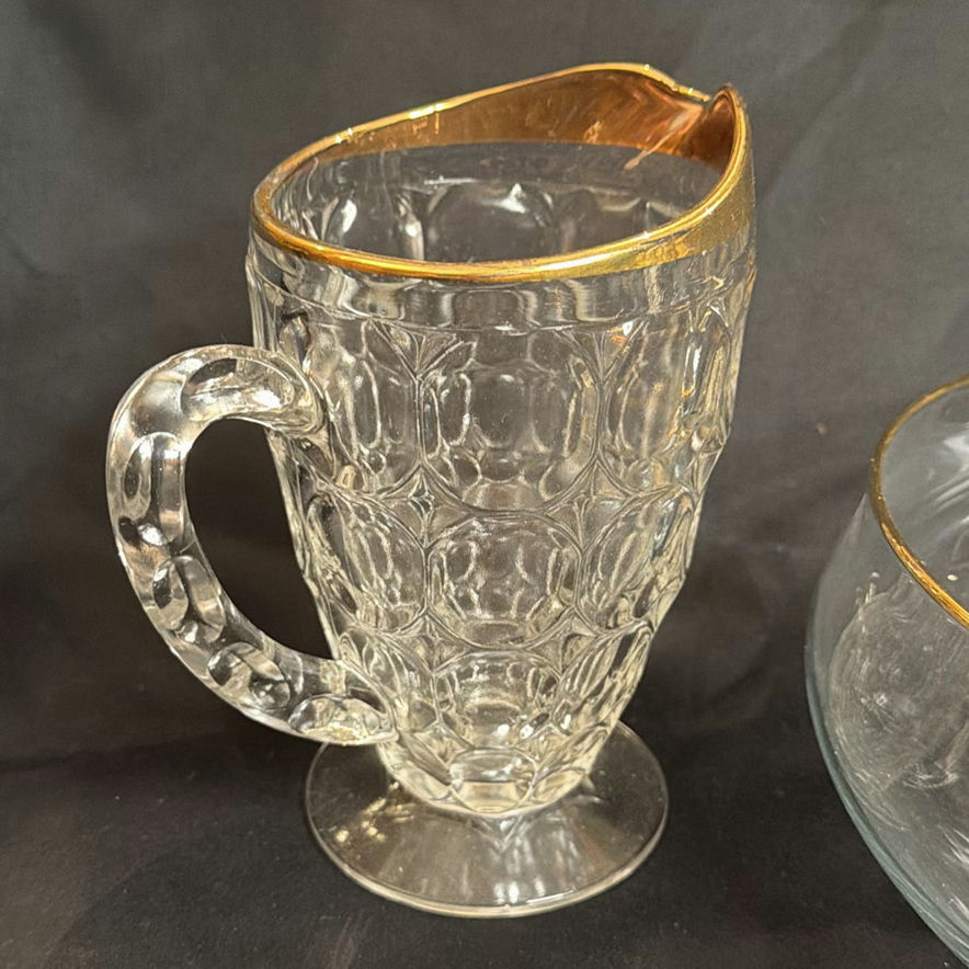 Vintage Glass Pitcher and Bowl Clear Gold Trimmed - image 2 of 7