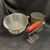 Vintage Kitchen Gadgets Lot of 3: Dough blender, flour sifter and colander - thumbnail 1 of 4