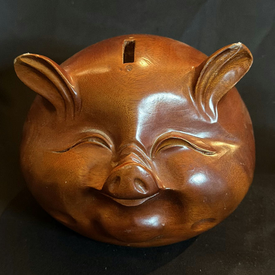 Vintage Lot Including Wooden Pig Bank, Pelican Carving and Abstract Goddes Figurine - image 5 of 6