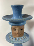 NORTH EAGLE POTTERY - Pair of blue ceramic candle holders with face motifs - thumbnail 2 of 5